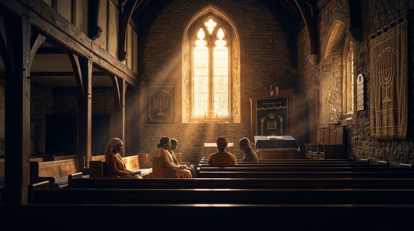 Worshippers seated in pews as late-afternoon light falls through a tall arched sanctuary window